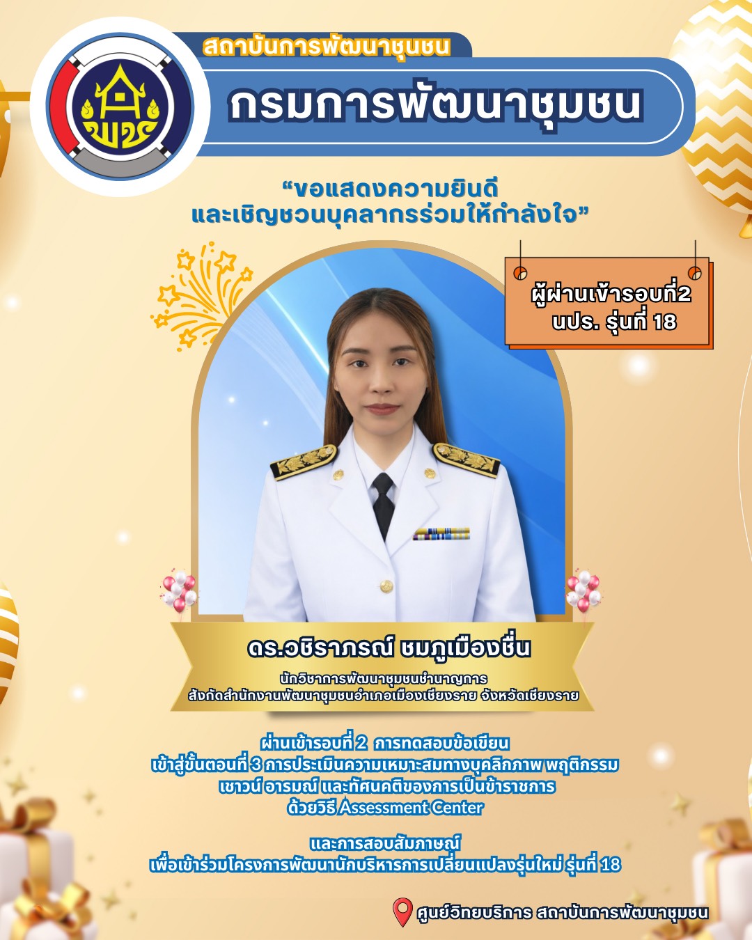 สถาบันการพัฒนาชุมชน กรมการพัฒนาชุมชน ขอแสดงความยินดี และ ร่วมเป็นกำลังใจแก่ ดร.วชิราภรณ์ ชมภูเมืองชื่น ตำแหน่งนักวิชาการพัฒนาชุมชนชำนาญการ สังกัดสำนักงานพัฒนาชุมชนอำเภอเมืองเชียงราย จังหวัดเชียงราย