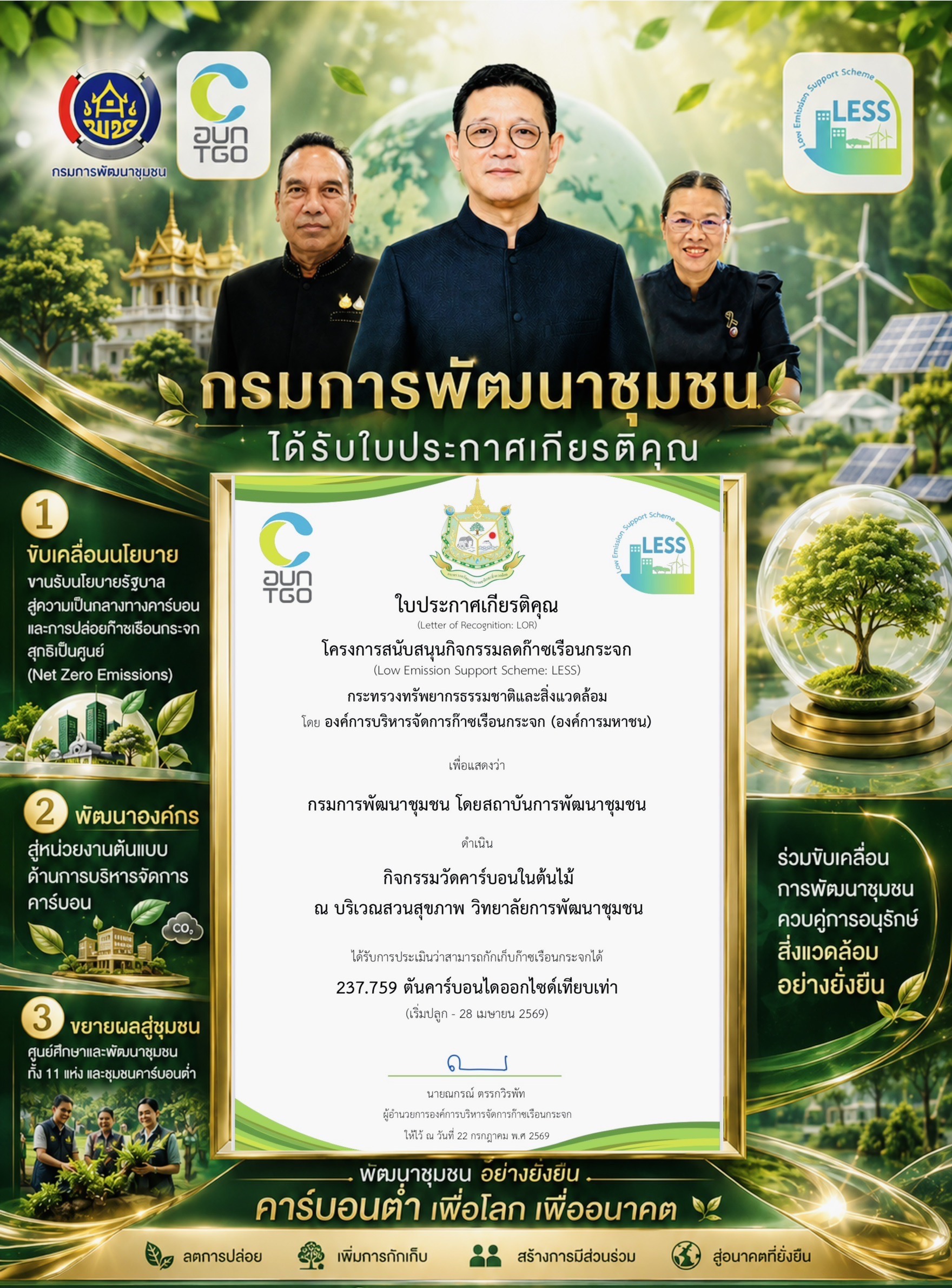 กรมการพัฒนาชุมชน รับใบประกาศเกียรติคุณโครงการ LESS เดินหน้าขับเคลื่อนองค์กรสู่สังคมคาร์บอนต่ำ สนับสนุนเป้าหมาย Net Zero ของประเทศ